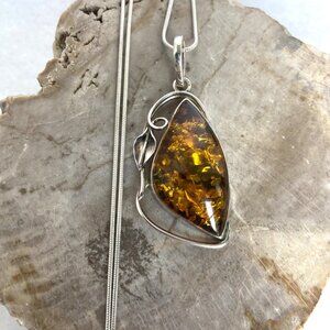Sterling Silver 925 2.32" Bezel Set Honey Baltic Amber Pendant Necklace 18"